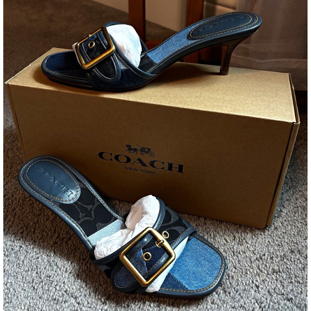Coach Blue Denim Signature Logo Slide Sandals Kitten Heel Womens US 6 NEW IN BOX